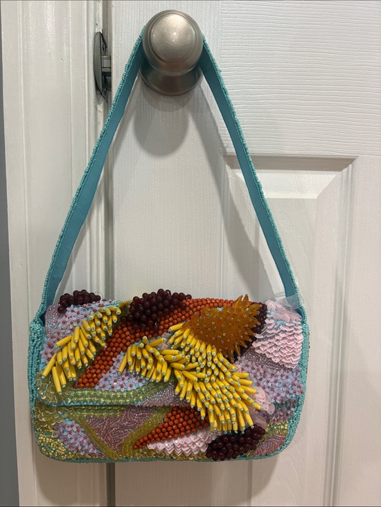 Handbags - Turquoise Beaded Shoulder Bag with Multicolor Embellishments